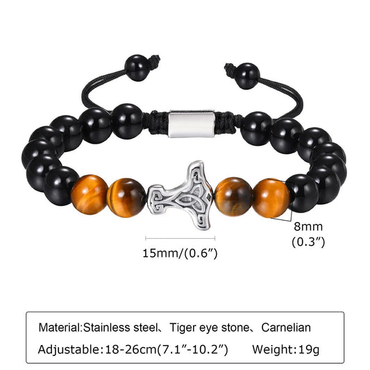 Viking Mjolnir Bracelets for Men Boys, Rock Punk Thor's Hammer Wristband with Tiger Eye Stone Beads, Length Adjustable