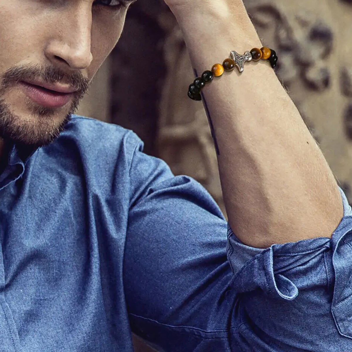 Viking Mjolnir Bracelets for Men Boys, Rock Punk Thor's Hammer Wristband with Tiger Eye Stone Beads, Length Adjustable