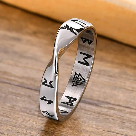 Viking Rings for Men, 4mm Twisted Mobius Finger Band with Viking Runes, Nordic Norse Almut Jewelry