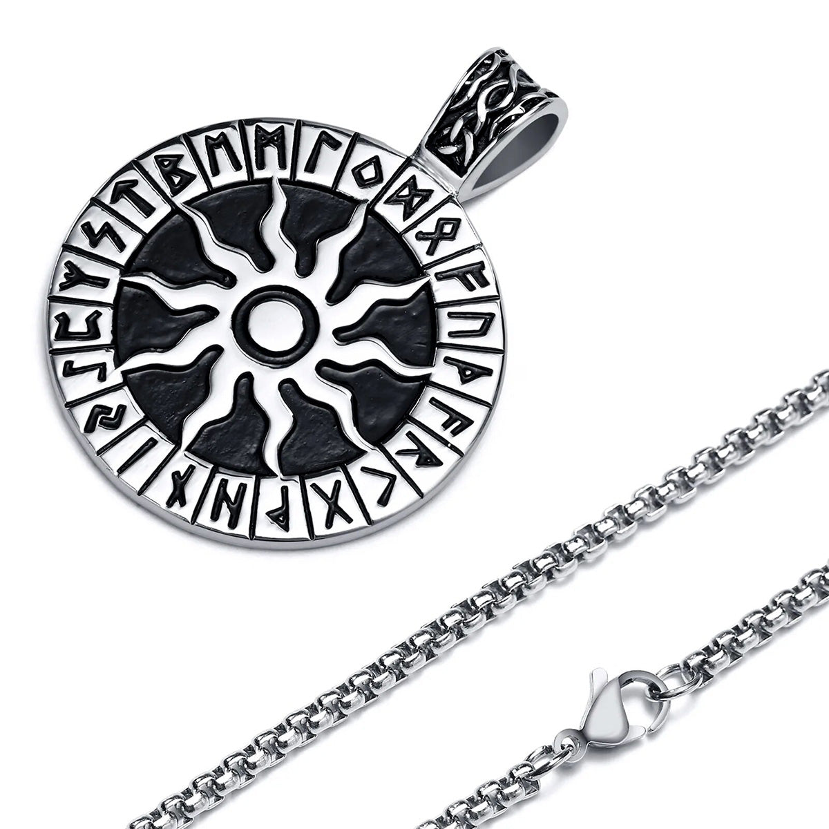 Viking Rune Necklaces for Men, Stainless Steel Carved Sun Nordic Letters Pendant with Box Chain, Protection Amulet Jewelry