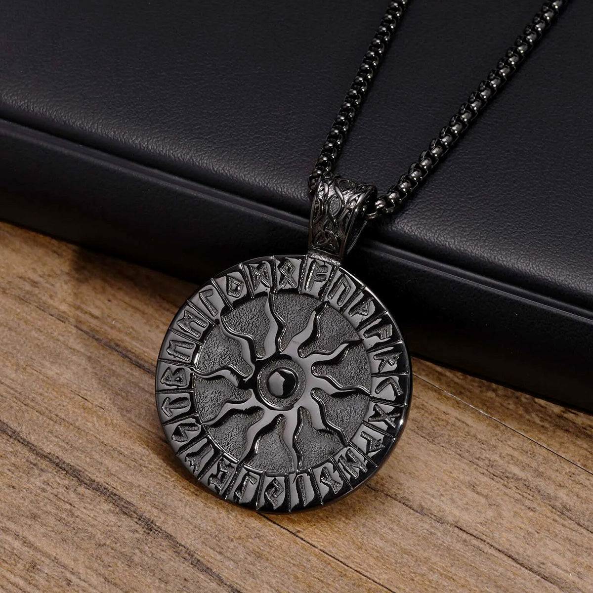 Viking Rune Necklaces for Men, Stainless Steel Carved Sun Nordic Letters Pendant with Box Chain, Protection Amulet Jewelry