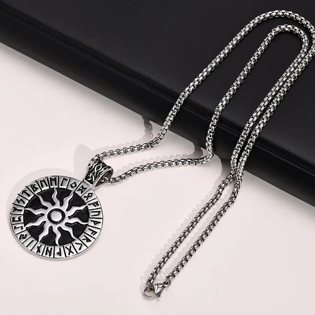 Viking Rune Necklaces for Men, Stainless Steel Carved Sun Nordic Letters Pendant with Box Chain, Protection Amulet Jewelry