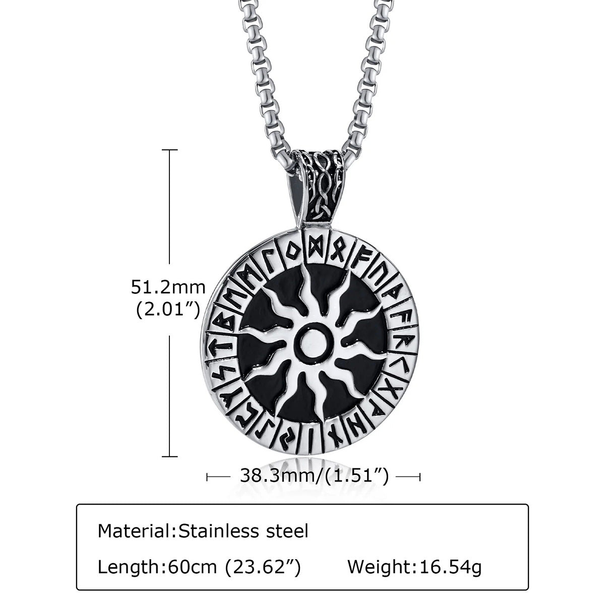 Viking Rune Necklaces for Men, Stainless Steel Carved Sun Nordic Letters Pendant with Box Chain, Protection Amulet Jewelry