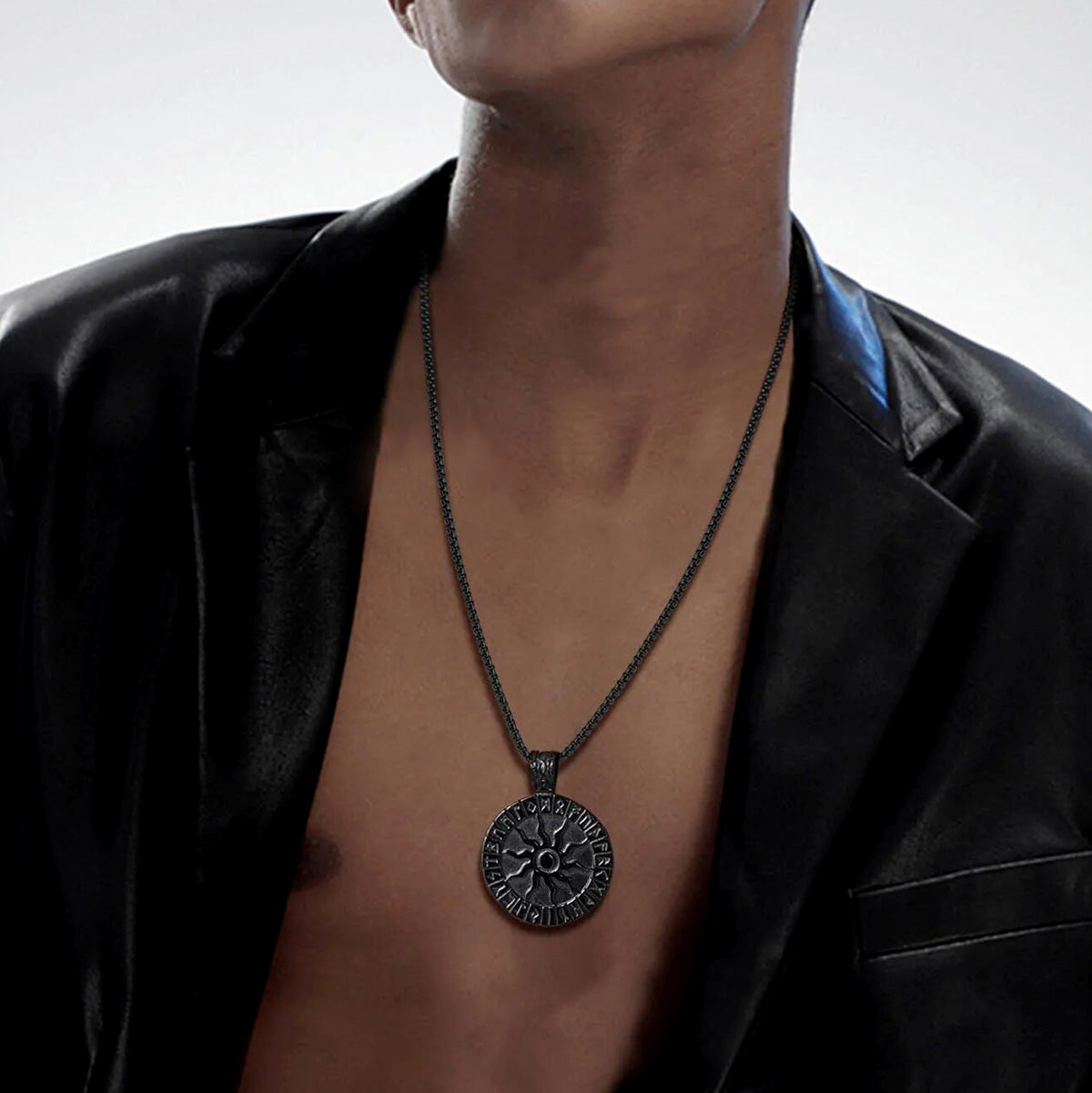 Viking Rune Necklaces for Men, Stainless Steel Carved Sun Nordic Letters Pendant with Box Chain, Protection Amulet Jewelry