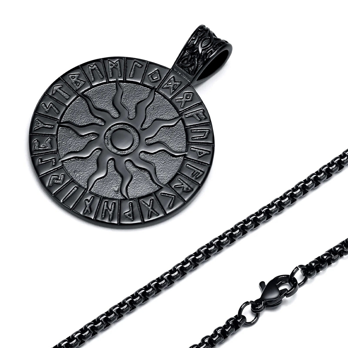 Viking Rune Necklaces for Men, Stainless Steel Carved Sun Nordic Letters Pendant with Box Chain, Protection Amulet Jewelry
