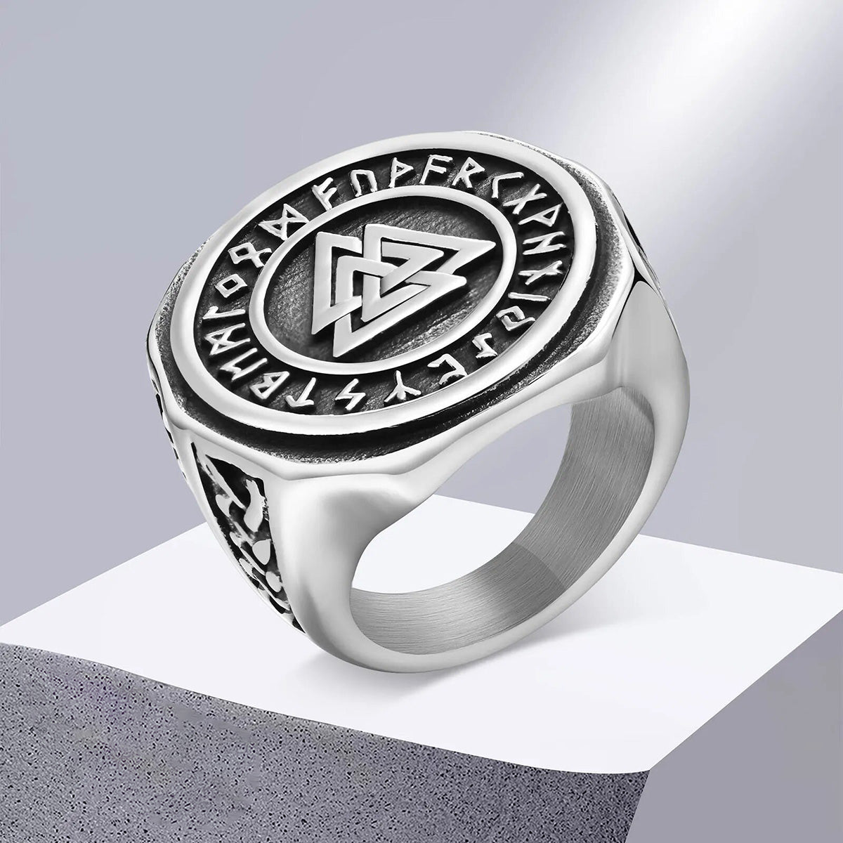 viking - 23mm viking signet ring for men, chunky bold stainless steel round top finger band, nordic viking knot rune almut jewelry