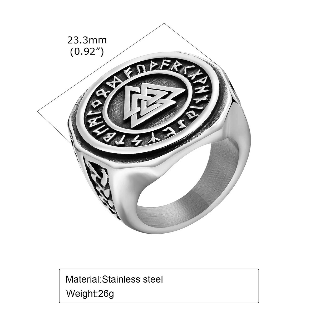 viking - 23mm viking signet ring for men, chunky bold stainless steel round top finger band, nordic viking knot rune almut jewelry