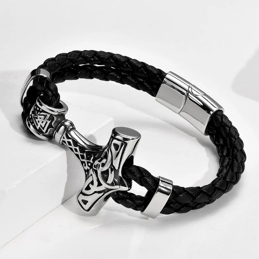 Viking - Chunky Thor's Hammer Bracelets for Men, Heavy Punk Rock Norse Viking Knot Bangle, Black Genuine Leather Wristband