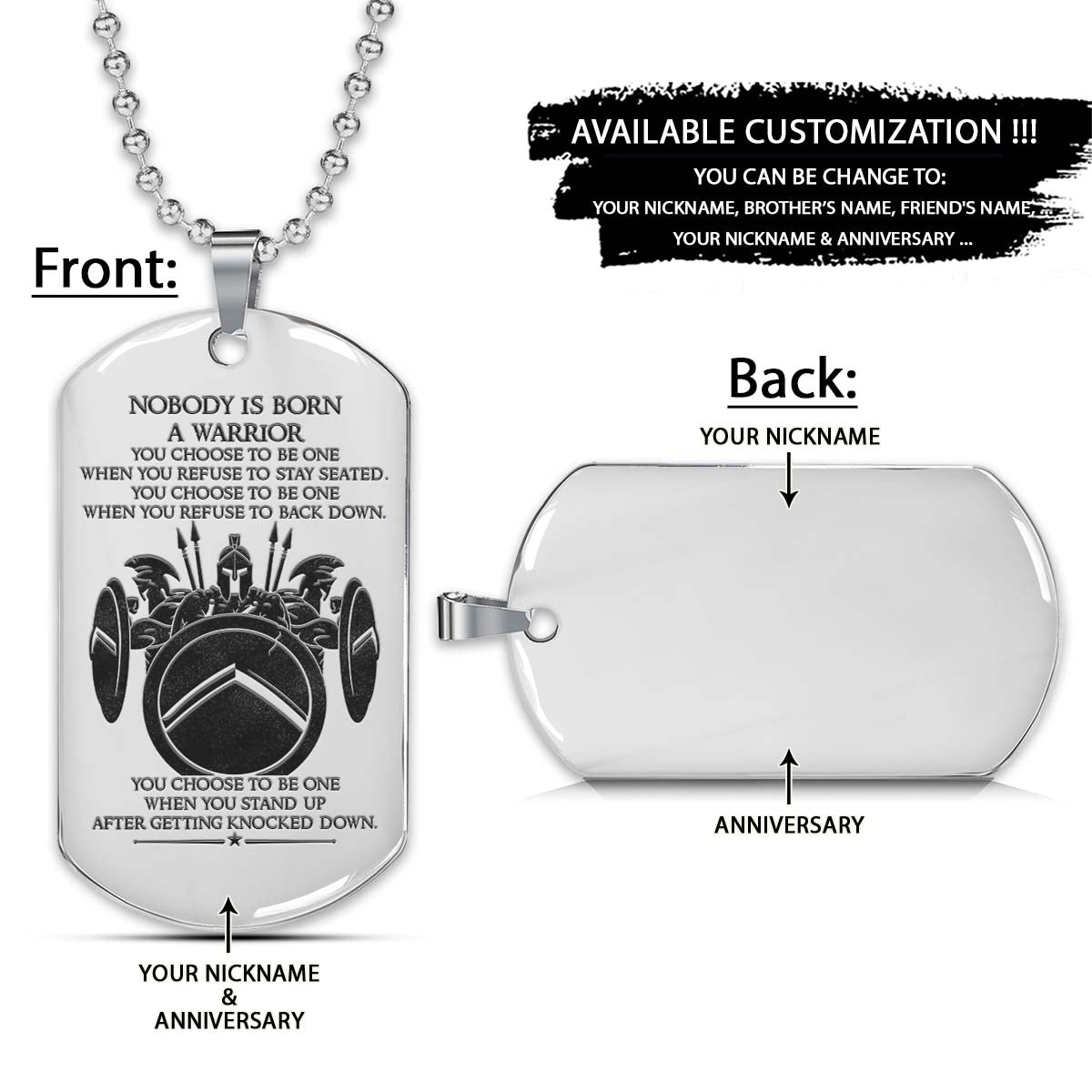 Spartan Dog Tag - Nobody Is Born A Warrior - Spartan Warrior - Sparta - Leonidas - Gladiator - Spartan Necklace - Engrave Dog Tag