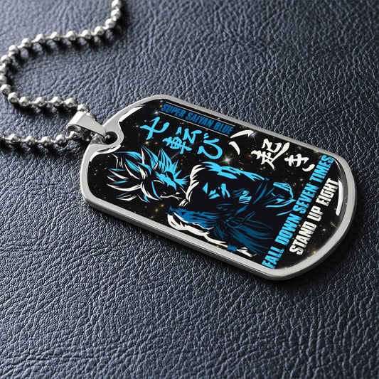Dragon Ball - Fall Down Seven Times Stand Up Eight 2 - Goku - Supper Saiyan Blue - Black Dog Tag - Dragon Ball Dog Tag - Military Ball Chain - Luxury Dog Tag