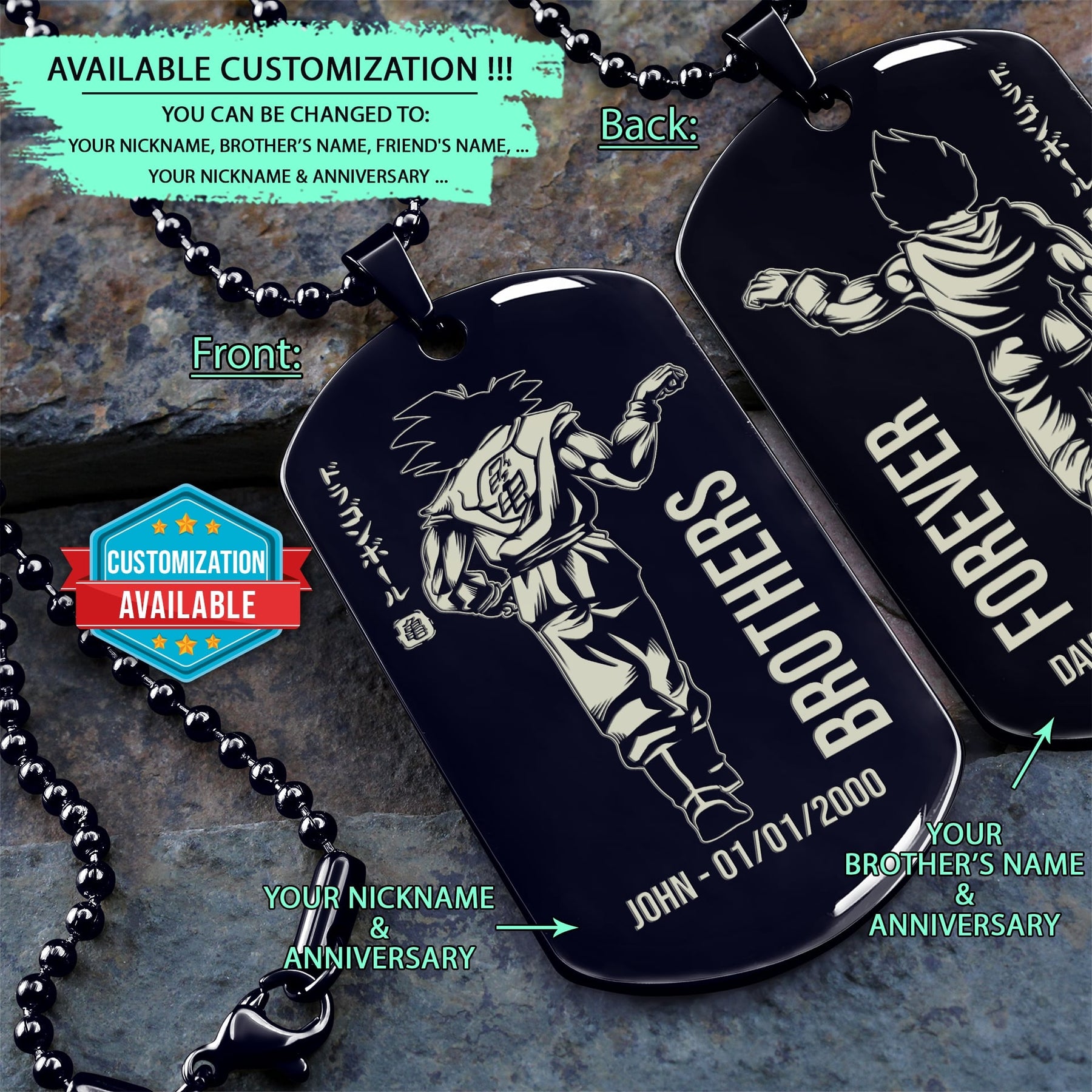 DRD040 + DRD041 - Brothers Forever - Goku - Vegeta - Dragon Ball Dog Tag - Engraved Double-Sided Dog Tag