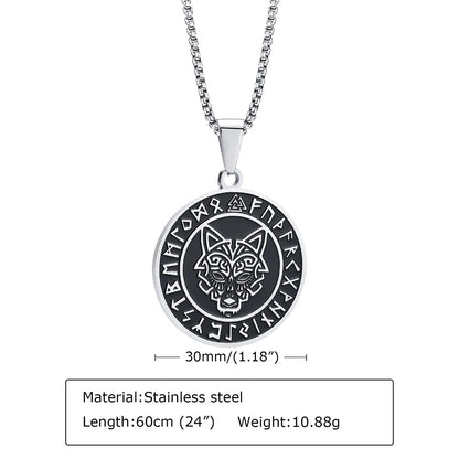 Viking - Men Viking Wolf Necklace, Stainless Steel Viking Compass Rune Almut Animal Pendant with Box Chain, Punk Rock Boy Collar