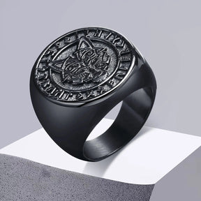 Viking - 22mm Signet Ring for Men, Black Round Top Nordic Viking Wolf Stamp Ring, Vegvisir and Norse Valknut Bold Heavy Punk Ring