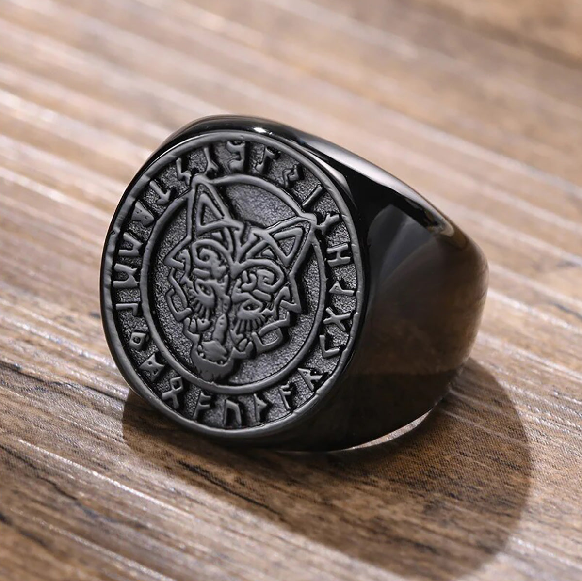 Viking - 22mm Signet Ring for Men, Black Round Top Nordic Viking Wolf Stamp Ring, Vegvisir and Norse Valknut Bold Heavy Punk Ring