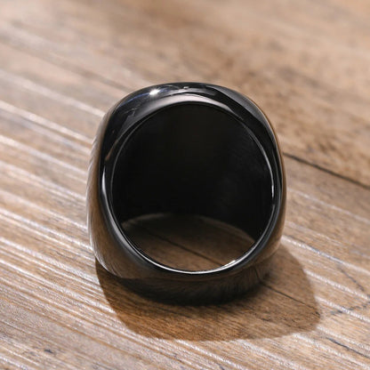 Viking - 22mm Signet Ring for Men, Black Round Top Nordic Viking Wolf Stamp Ring, Vegvisir and Norse Valknut Bold Heavy Punk Ring