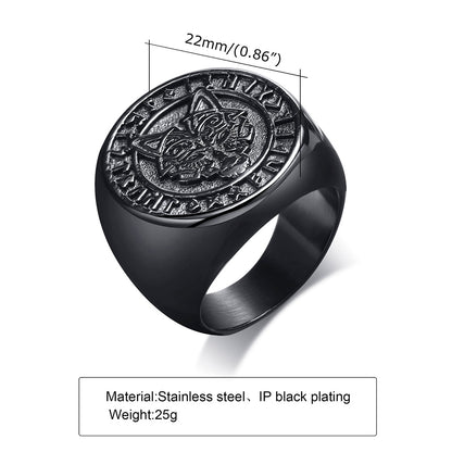 Viking - 22mm Signet Ring for Men, Black Round Top Nordic Viking Wolf Stamp Ring, Vegvisir and Norse Valknut Bold Heavy Punk Ring