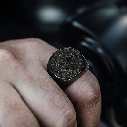 Viking - 22mm Signet Ring for Men, Black Round Top Nordic Viking Wolf Stamp Ring, Vegvisir and Norse Valknut Bold Heavy Punk Ring