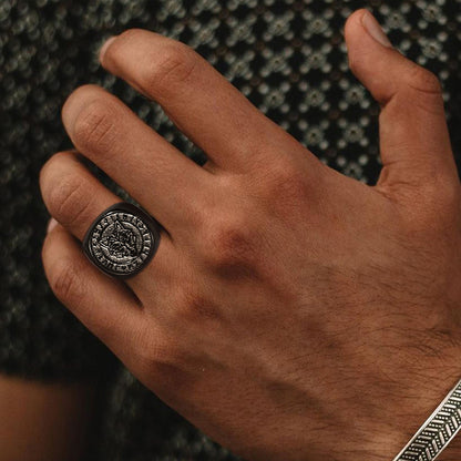 Viking - 22mm Signet Ring for Men, Black Round Top Nordic Viking Wolf Stamp Ring, Vegvisir and Norse Valknut Bold Heavy Punk Ring