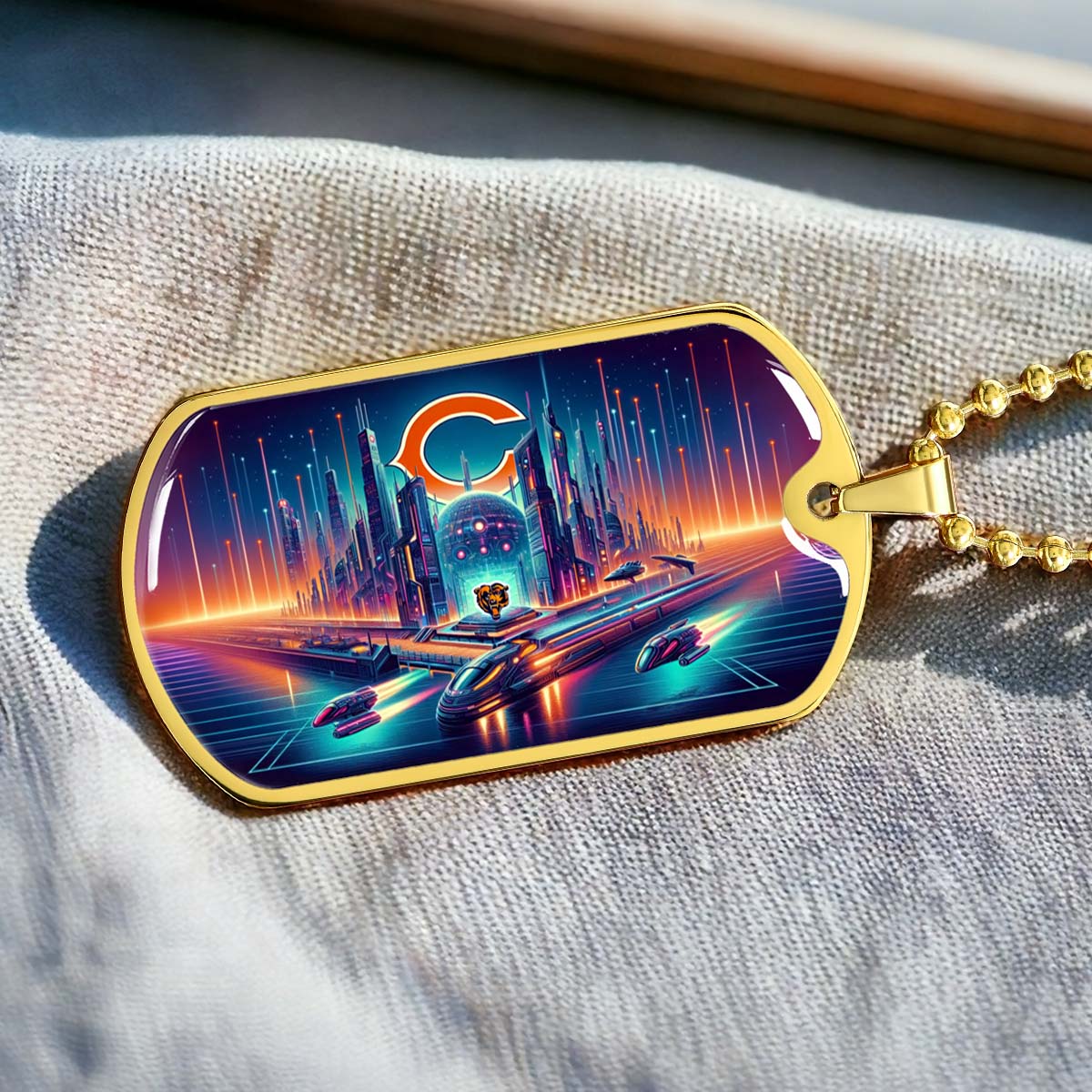 American Football - AFD006 - Chicago Bears Futuristic City - American Football Dog Tag - Military Ball Chain - Luxury Dog Tag