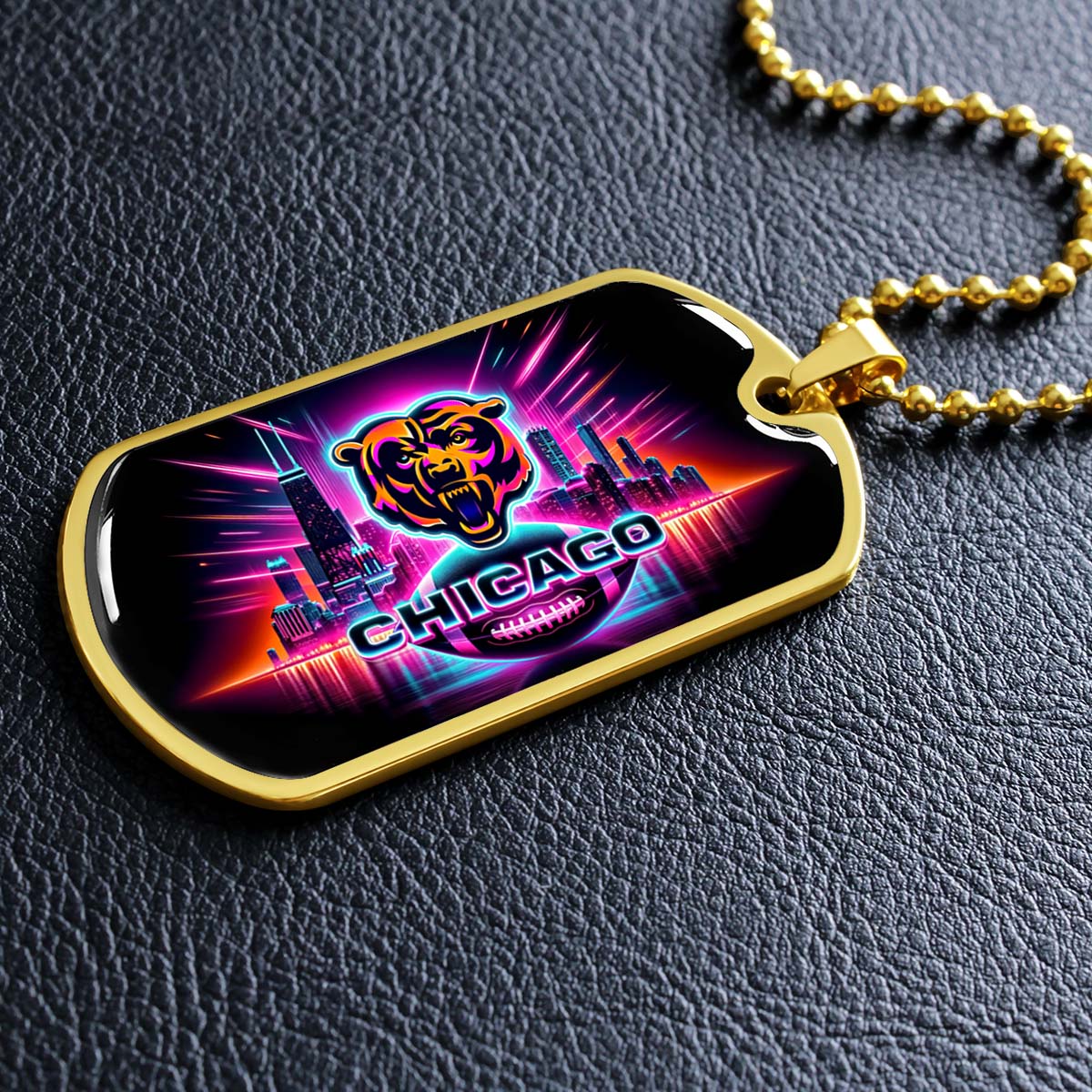 American Football - AFD007 - Chicago Bears Neon - American Football Dog Tag - Military Ball Chain - Luxury Dog Tag