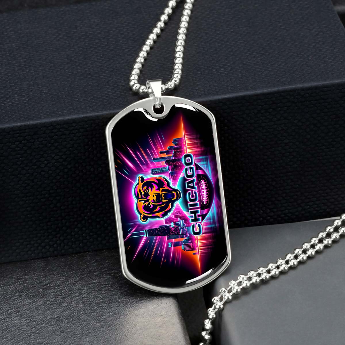 American Football - AFD007 - Chicago Bears Neon - American Football Dog Tag - Military Ball Chain - Luxury Dog Tag