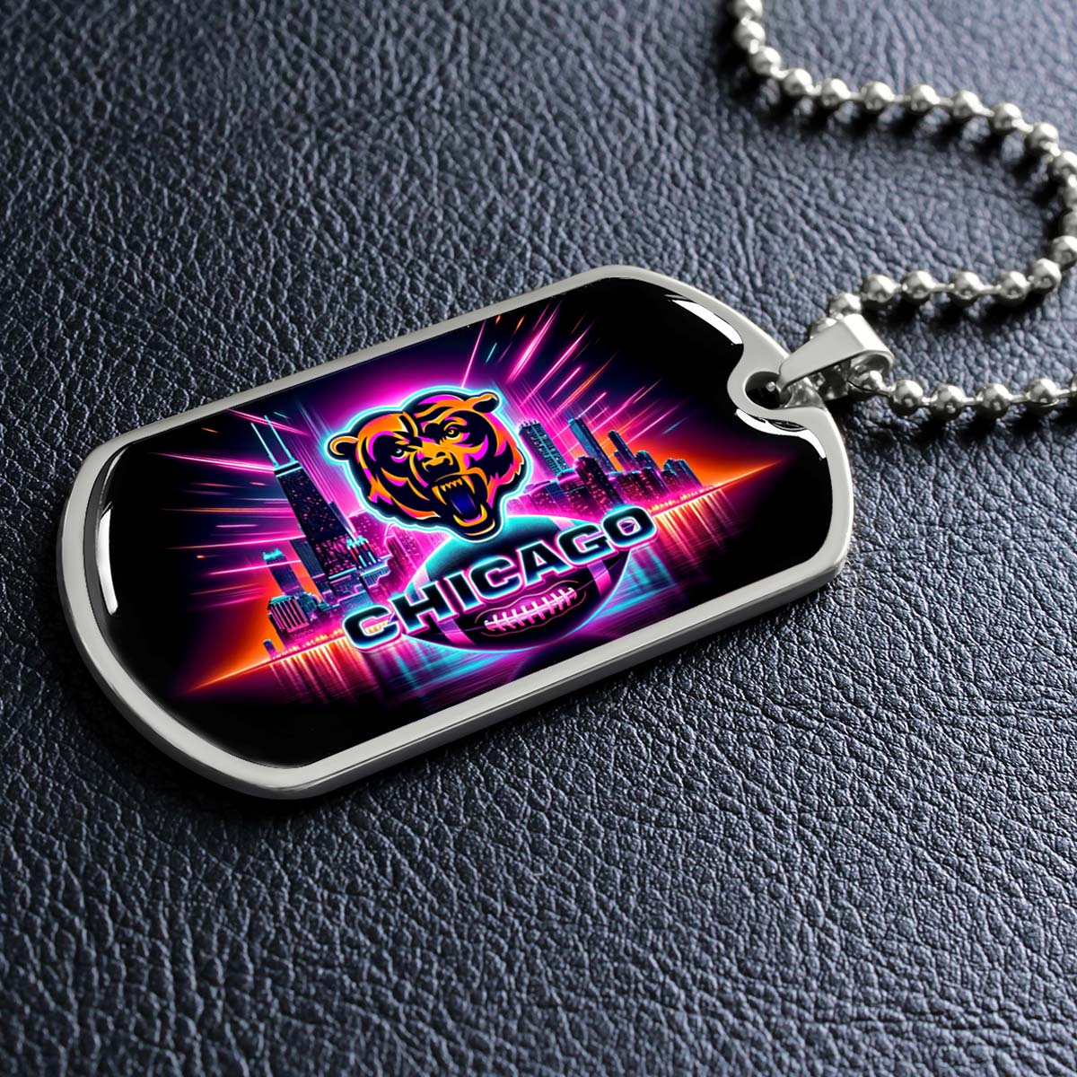 American Football - AFD007 - Chicago Bears Neon - American Football Dog Tag - Military Ball Chain - Luxury Dog Tag