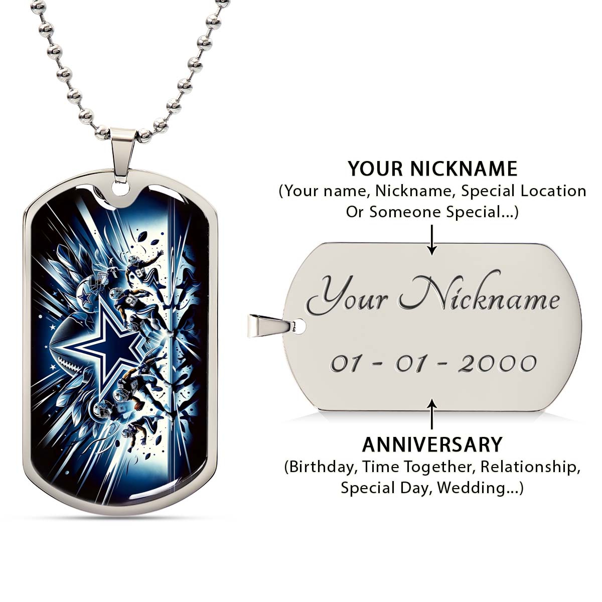 American Football - AFD008 - Dallas Cowboys Football Sports NFL Team - American Football Dog Tag - Military Ball Chain - Luxury Dog Tag