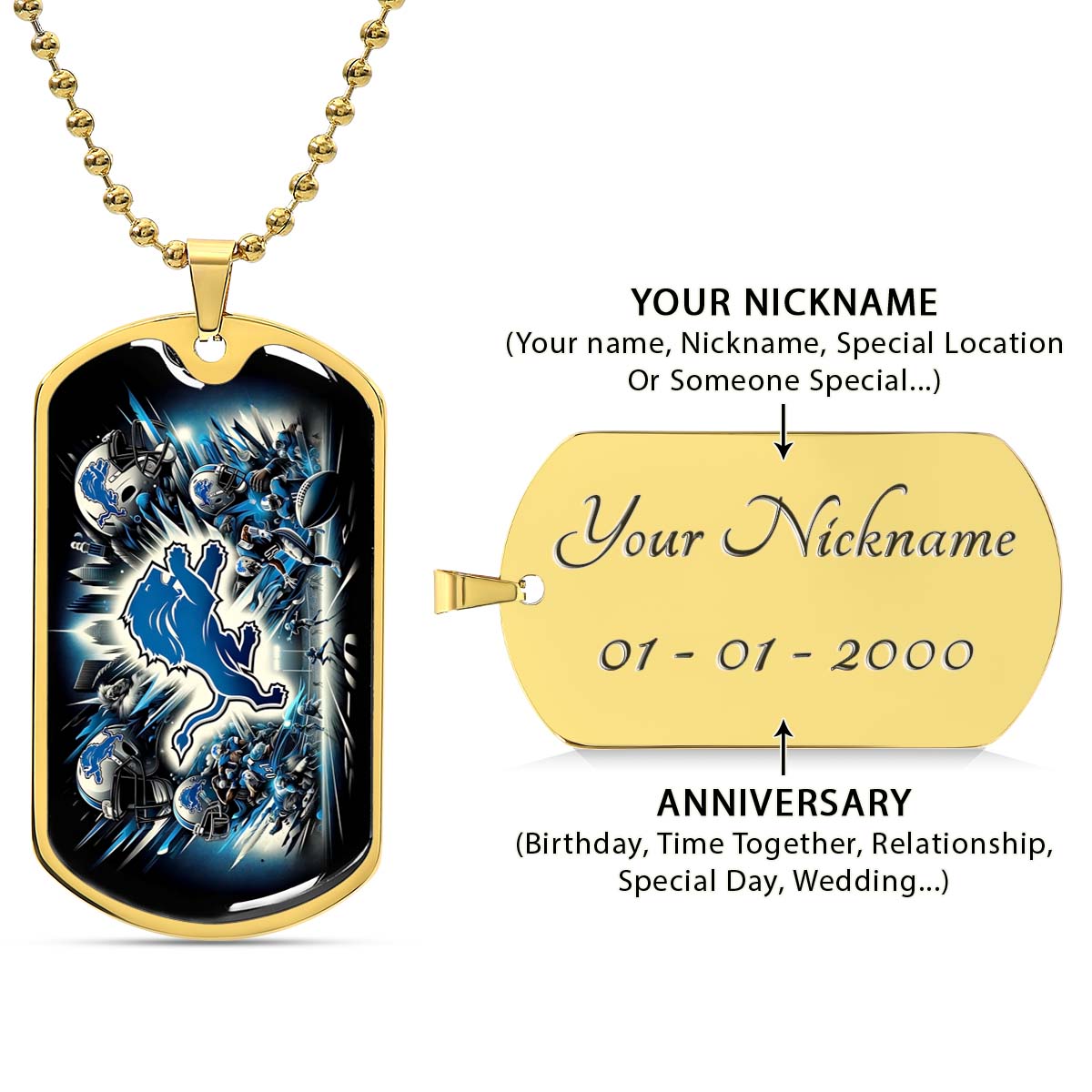 American Football - AFD016 - Detroit Lions NFL Super Bowl - American Football Dog Tag - Military Ball Chain - Luxury Dog Tag