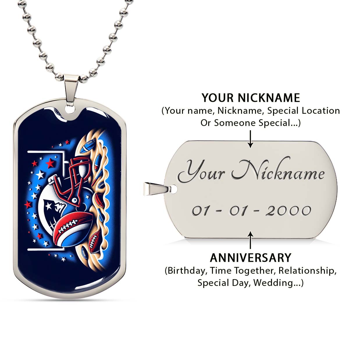 American Football - AFD027 - New England Patriots - Ultimate Football Pride - American Football Dog Tag - Military Ball Chain - Luxury Dog Tag