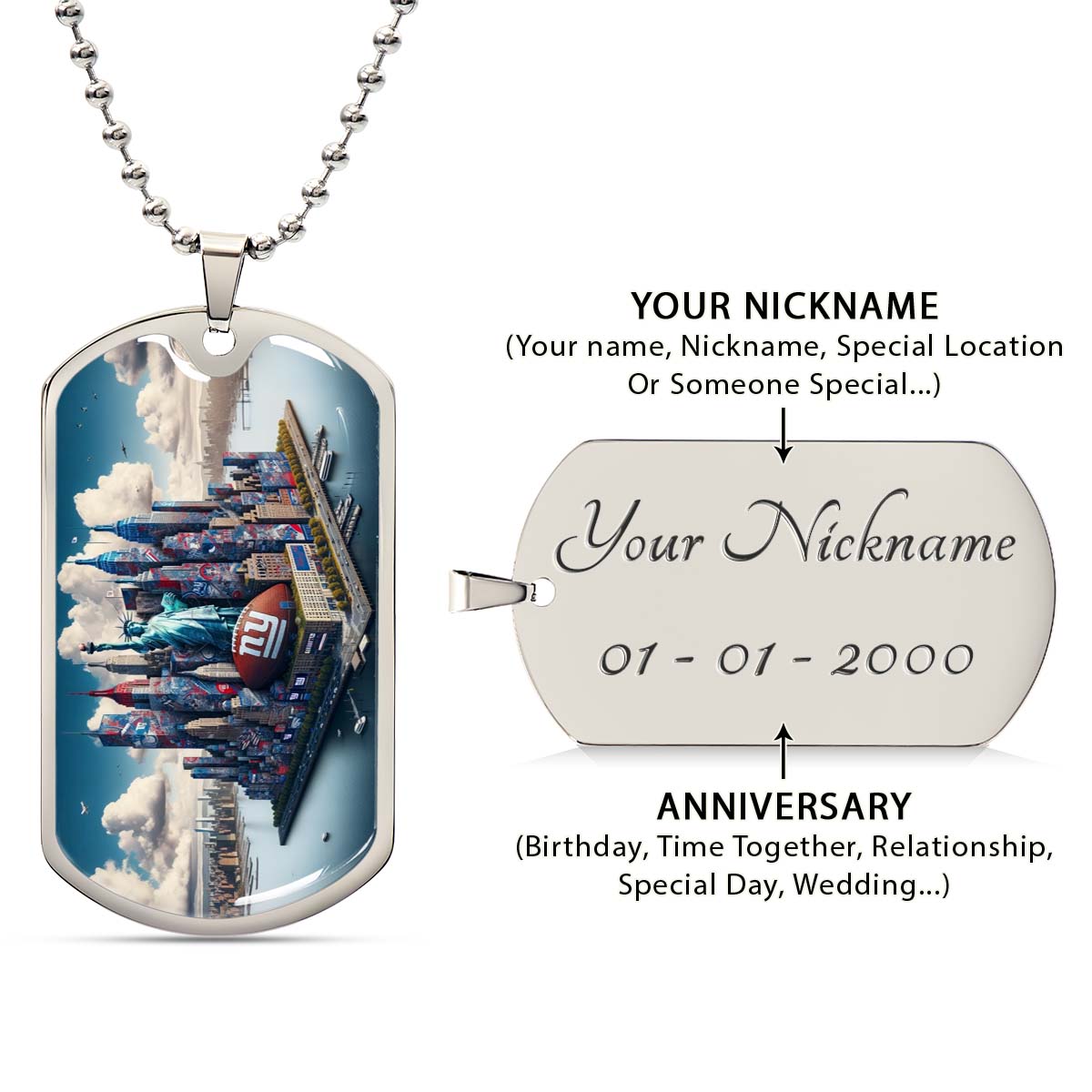 American Football - AFD032 - New York Giants Themed Manhattan Skyline - American Football Dog Tag - Military Ball Chain - Luxury Dog Tag