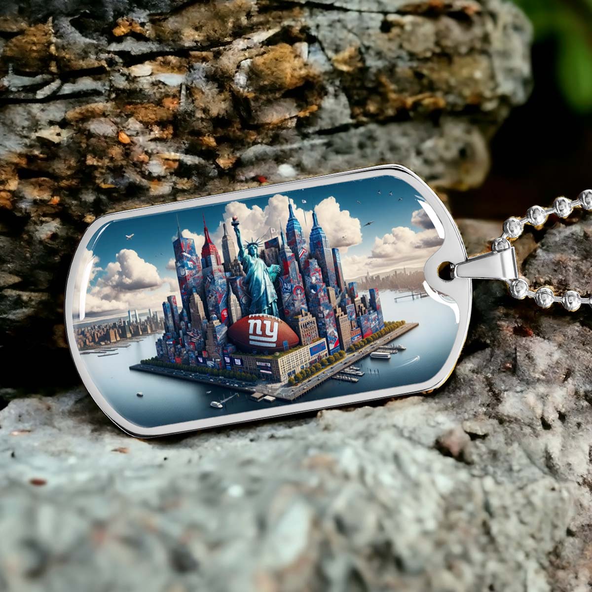 American Football - AFD032 - New York Giants Themed Manhattan Skyline - American Football Dog Tag - Military Ball Chain - Luxury Dog Tag