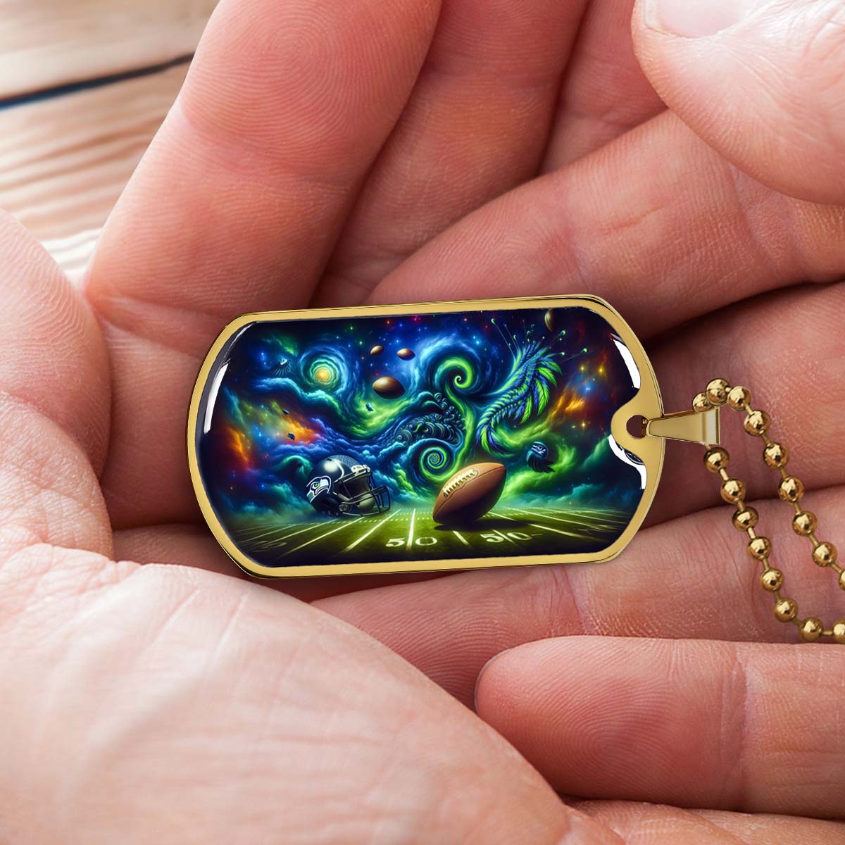 American Football - AFD044 - Seattle Seahawks Cosmic Touchdown - American Football Dog Tag - Military Ball Chain - Luxury Dog Tag