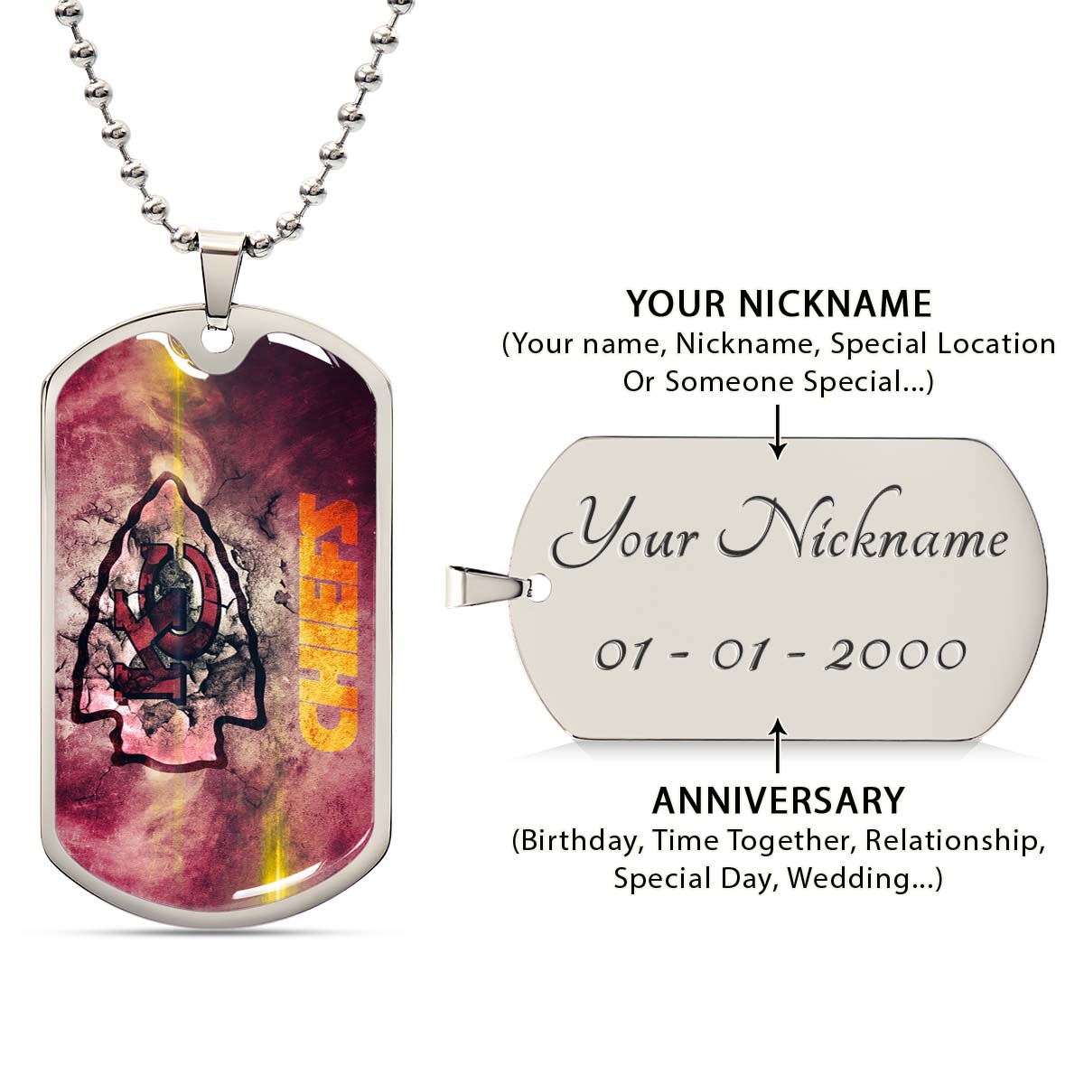 American Football - AFD067 - Kansas City Chiefs - NFL Football Team - American Football Dog Tag - Military Ball Chain - Luxury Dog Tag