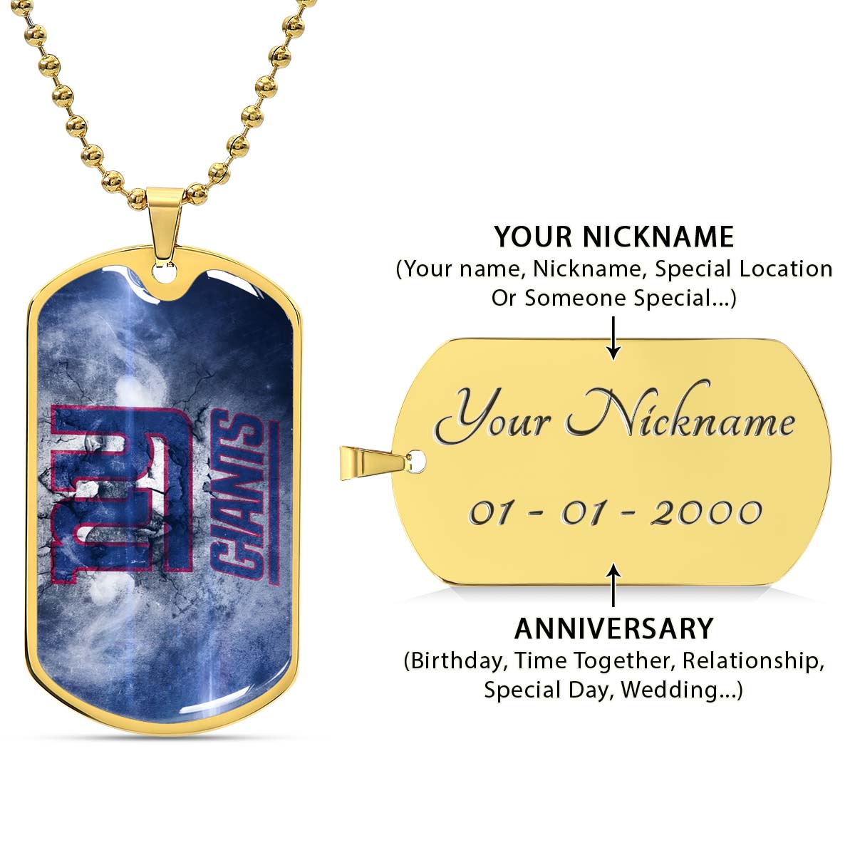 American Football - AFD072 - New York Giants - NFL Football Team - American Football Dog Tag - Military Ball Chain - Luxury Dog Tag