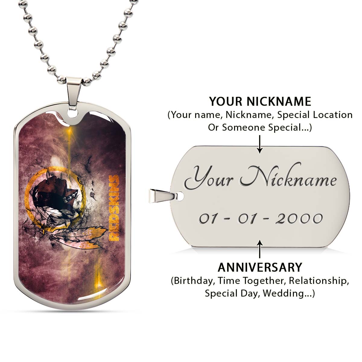 American Football - AFD083 - Washington Redskins - NFL Football Team - American Football Dog Tag - Military Ball Chain - Luxury Dog Tag