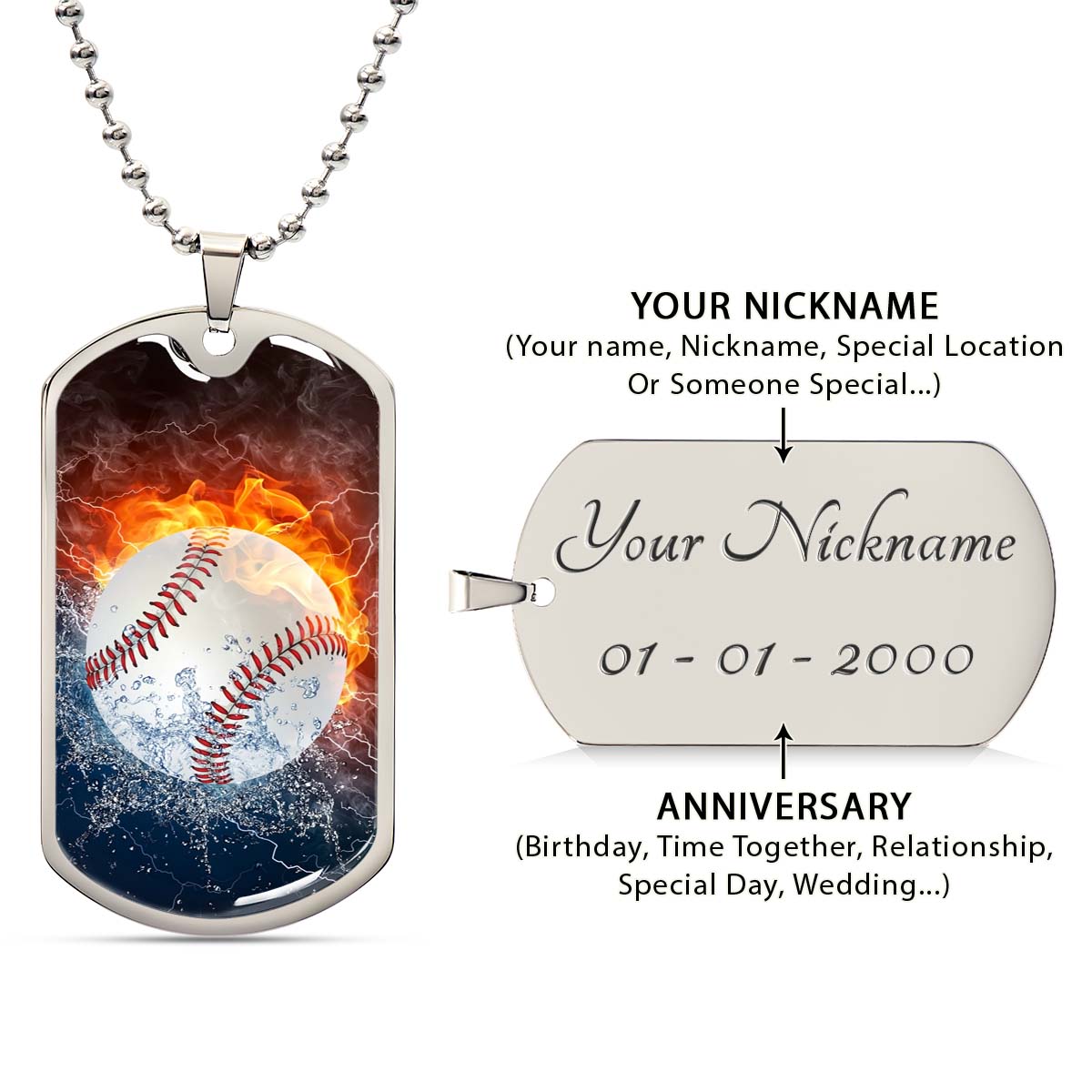 Baseball - BBD004 - Epic Baseball Blaze - Baseball Dog Tag - Military Ball Chain - Luxury Dog Tag