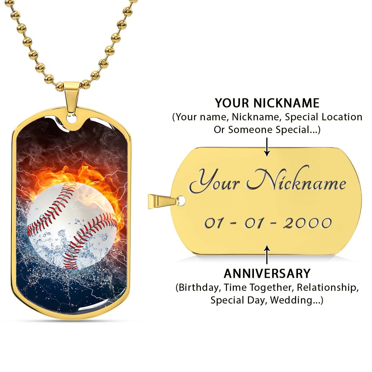Baseball - BBD004 - Epic Baseball Blaze - Baseball Dog Tag - Military Ball Chain - Luxury Dog Tag