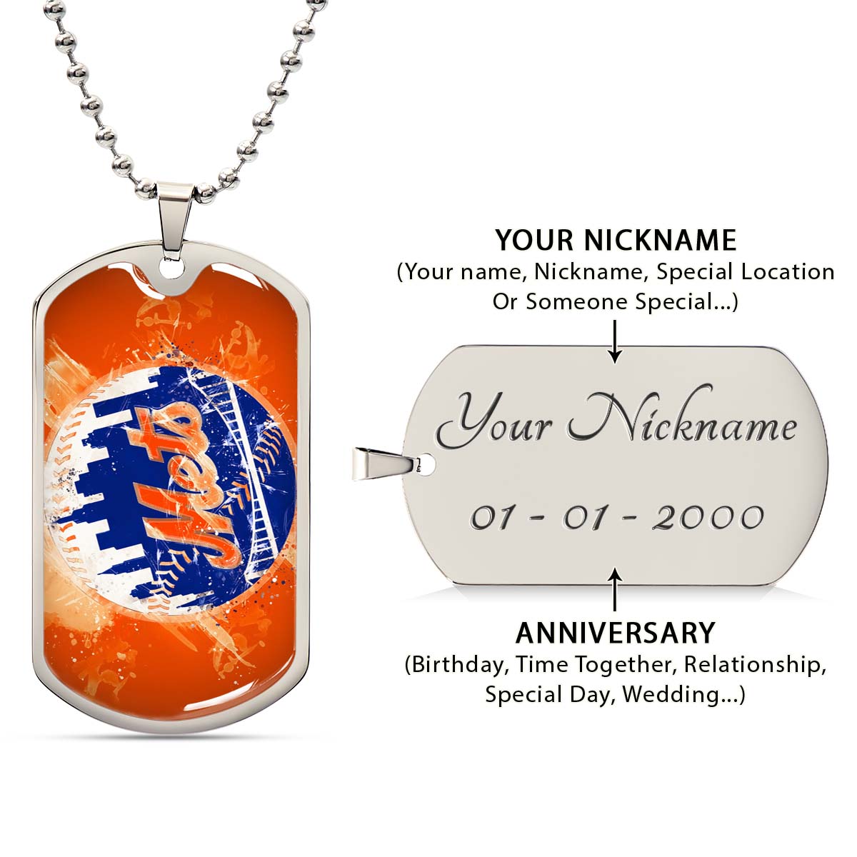 Baseball - BBD005 - New York Mets - MLB Pride in Every Stitch - Baseball Dog Tag - Military Ball Chain - Luxury Dog Tag