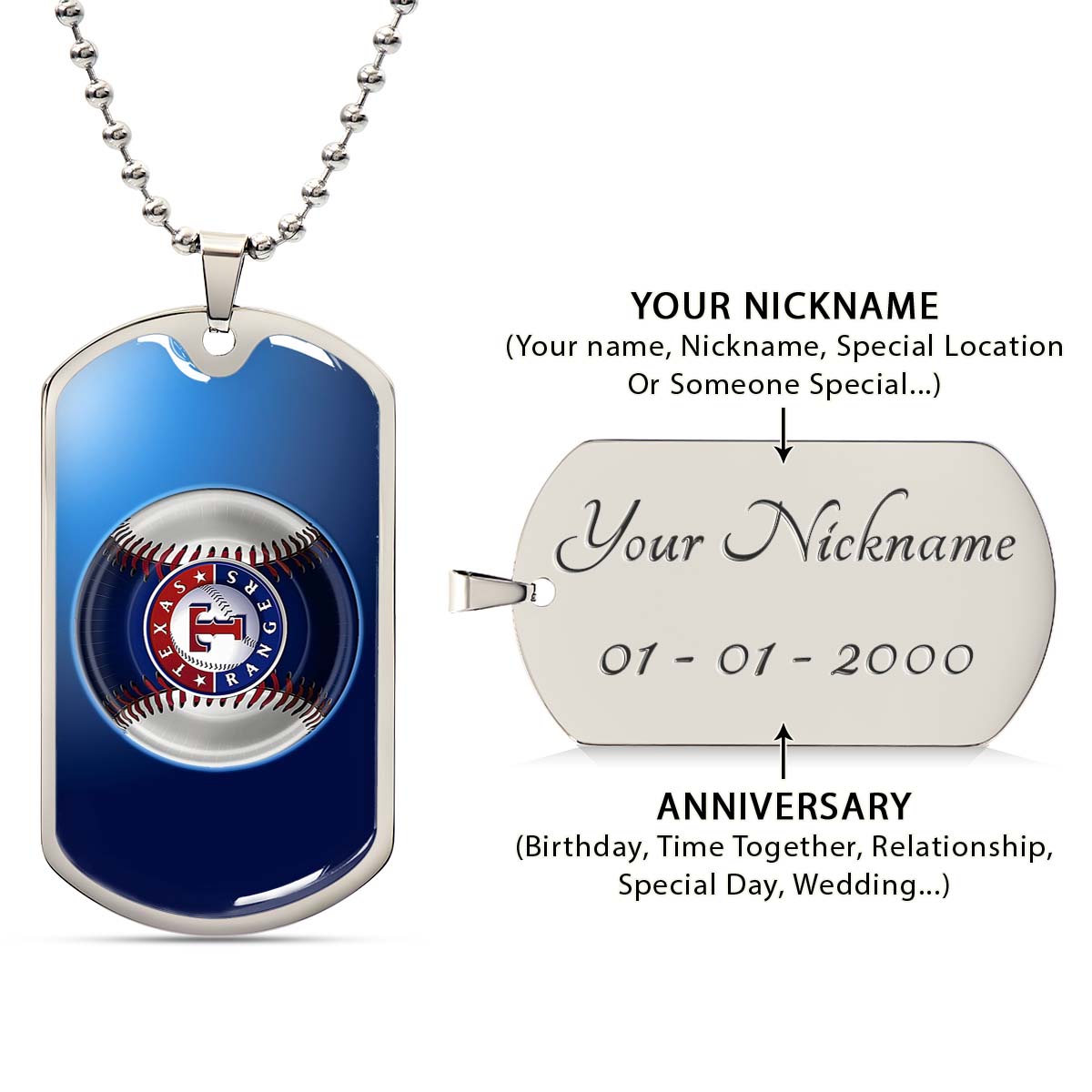 Baseball - BBD012 - Texas Rangers - Baseball Dog Tag - Military Ball Chain - Luxury Dog Tag