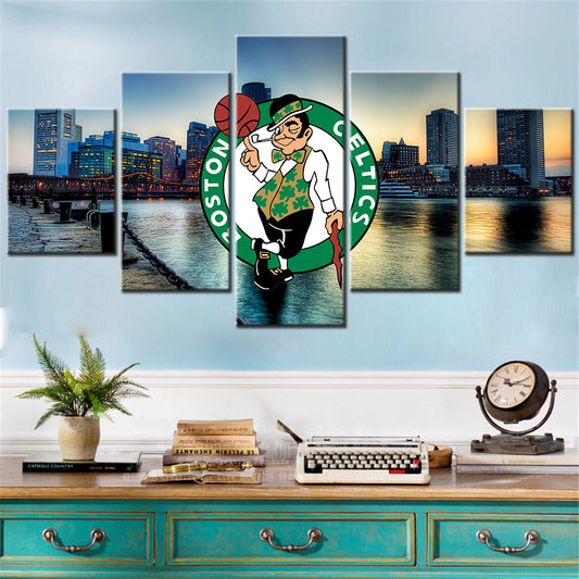 Basketball - 5 Pieces Wall Art - BK5010 - Boston Celtics Team Bas - Lucky the Leprechaun - Basketball Poster - Basketball Canvas