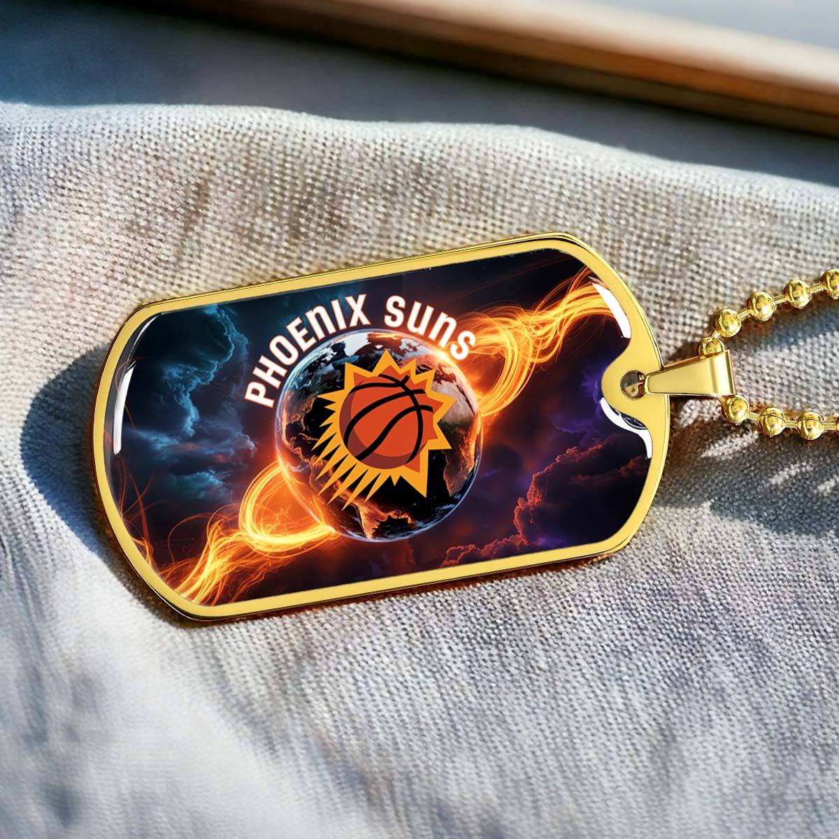 Basketball - BKD011 - Phoenix Suns - Fiery Basketball Globe Spotlight - Basketball Dog Tag - Military Ball Chain - Luxury Dog Tag