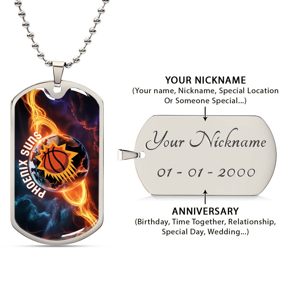 Basketball - BKD011 - Phoenix Suns - Fiery Basketball Globe Spotlight - Basketball Dog Tag - Military Ball Chain - Luxury Dog Tag