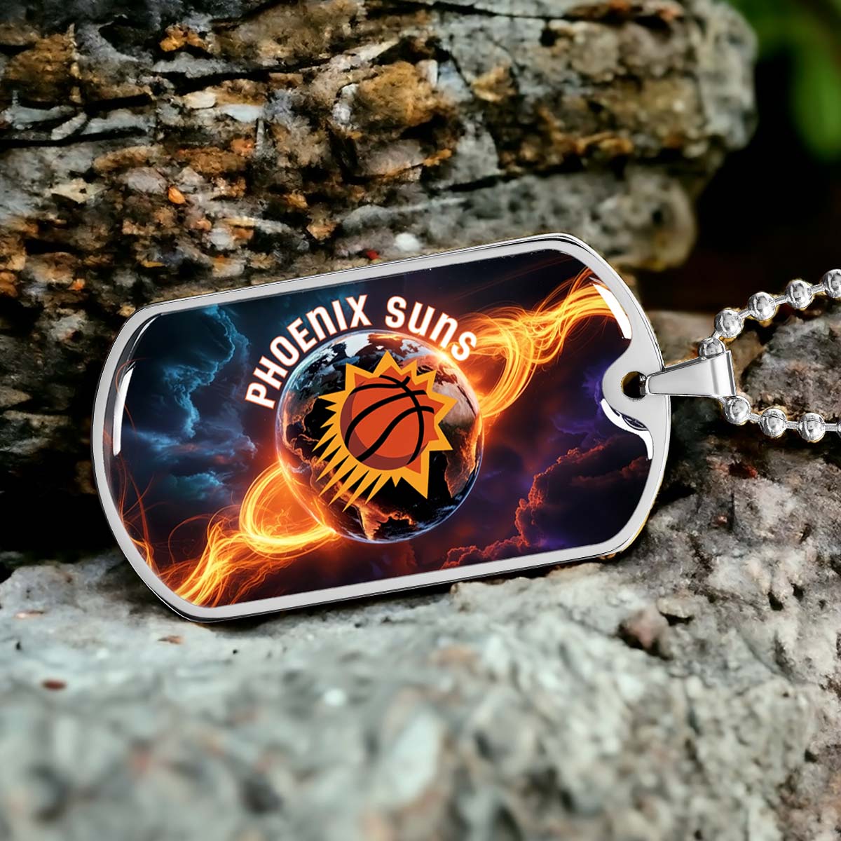 Basketball - BKD011 - Phoenix Suns - Fiery Basketball Globe Spotlight - Basketball Dog Tag - Military Ball Chain - Luxury Dog Tag