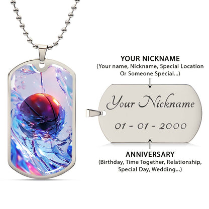 Basketball - BKD012 - Basketball in Dynamic Splash - Basketball Dog Tag - Military Ball Chain - Luxury Dog Tag