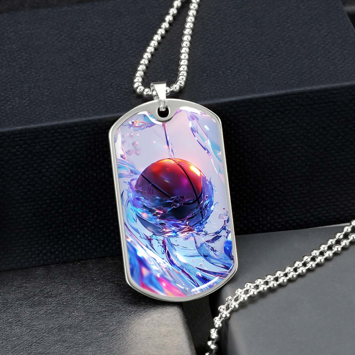 Basketball - BKD012 - Basketball in Dynamic Splash - Basketball Dog Tag - Military Ball Chain - Luxury Dog Tag