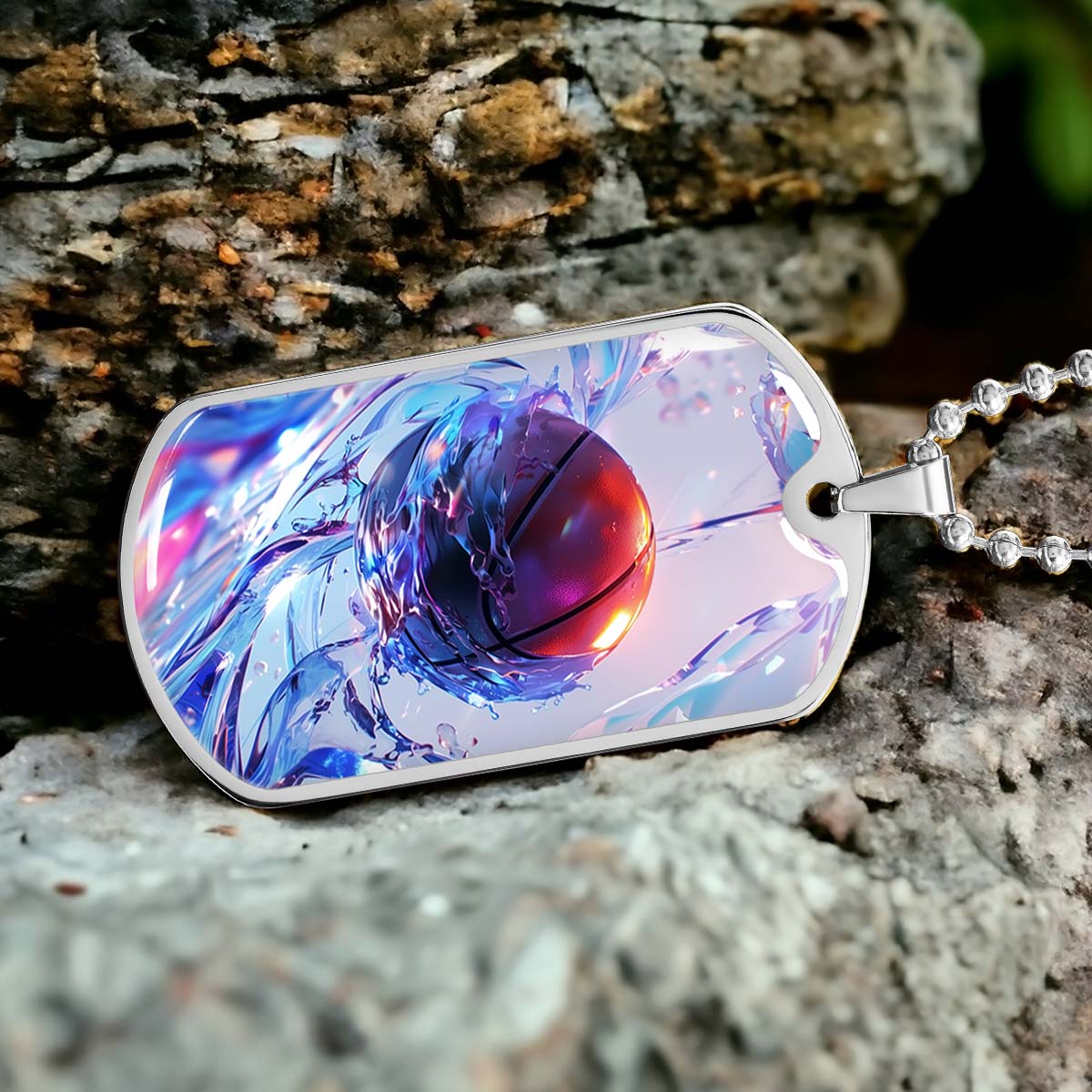 Basketball - BKD012 - Basketball in Dynamic Splash - Basketball Dog Tag - Military Ball Chain - Luxury Dog Tag