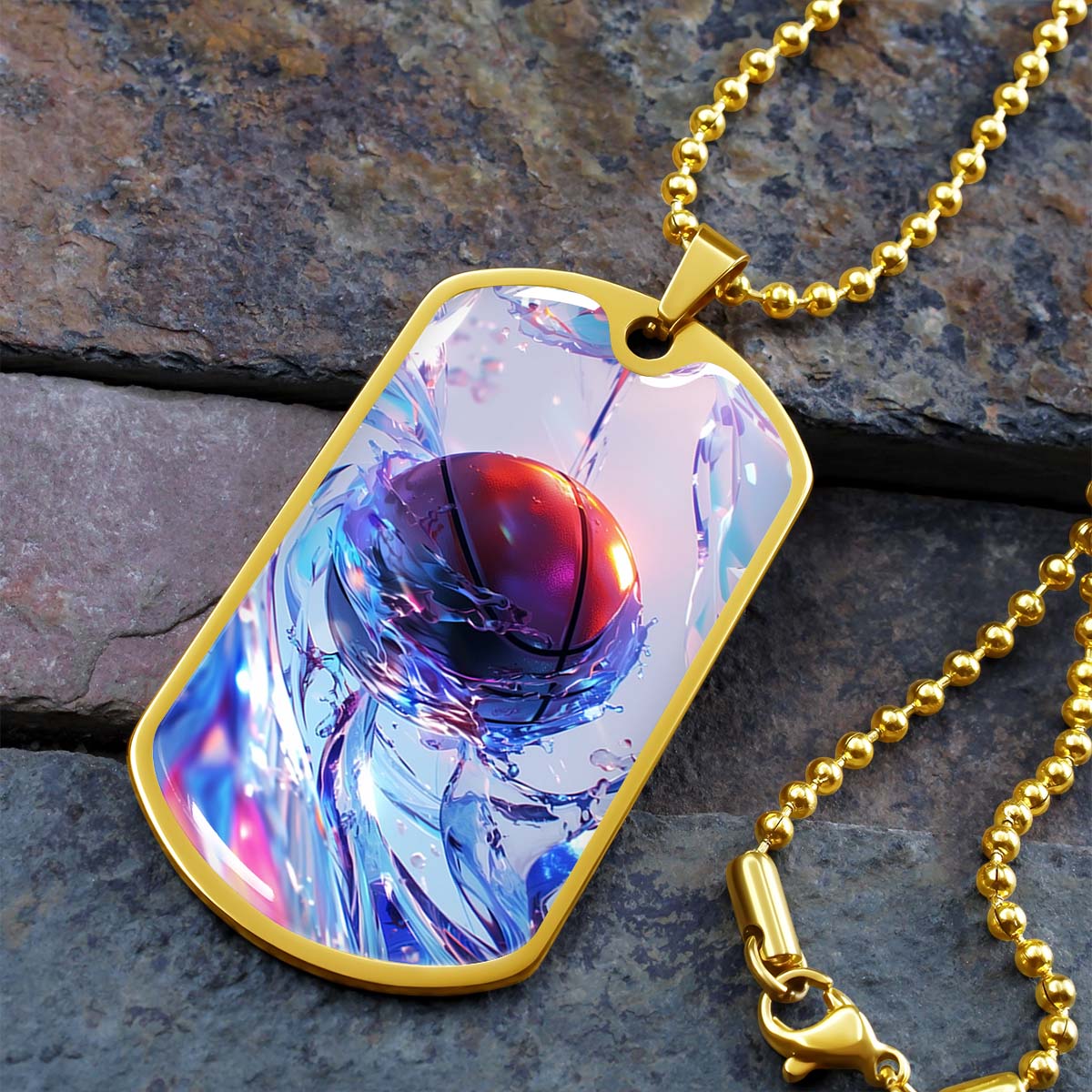 Basketball - BKD012 - Basketball in Dynamic Splash - Basketball Dog Tag - Military Ball Chain - Luxury Dog Tag