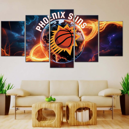 Basketball Wall Art - BK5054 - Phoenix Suns - Fiery Basketball Globe Spotlight - Basketball Poster - Basketball Canvas
