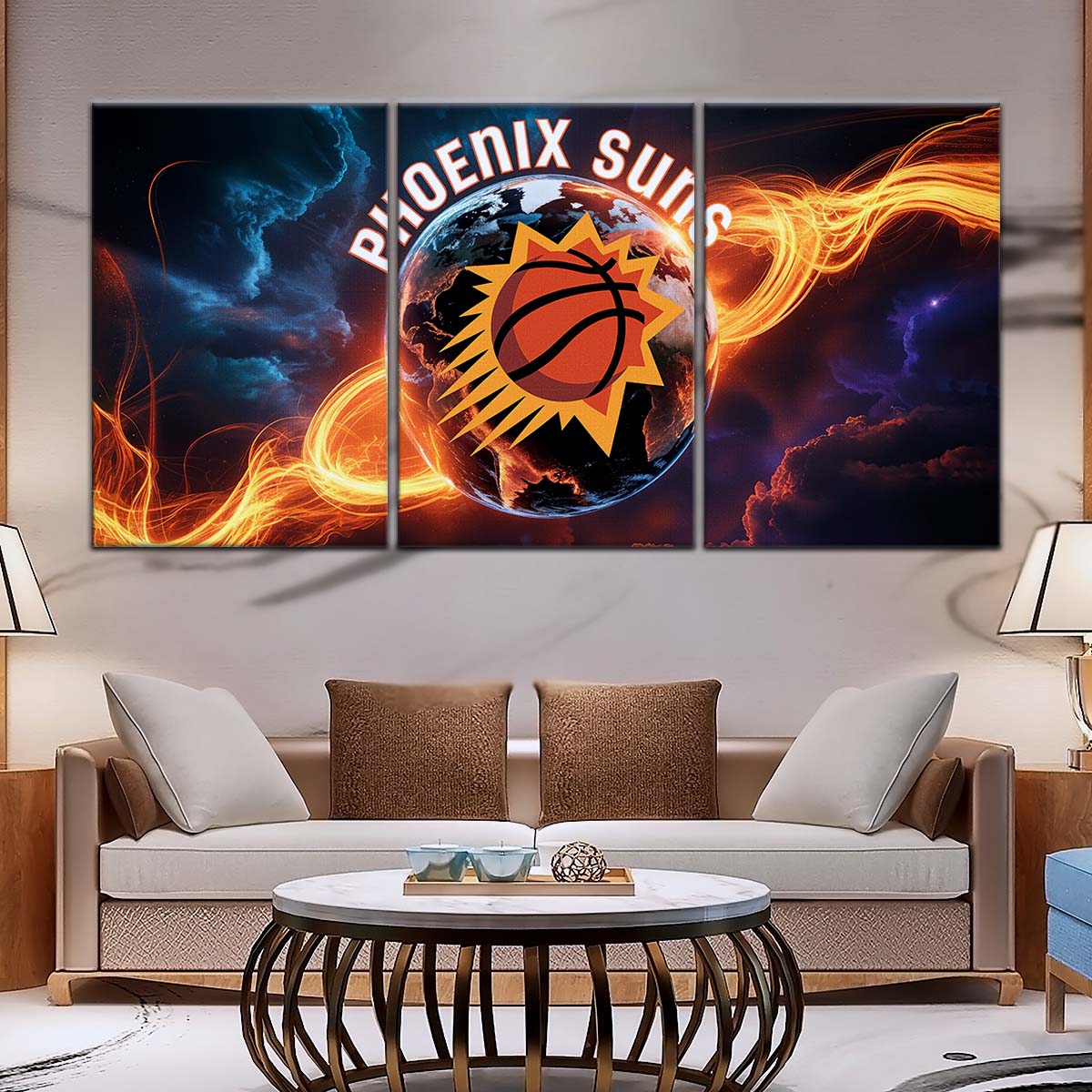Basketball Wall Art - BK5054 - Phoenix Suns - Fiery Basketball Globe Spotlight - Basketball Poster - Basketball Canvas