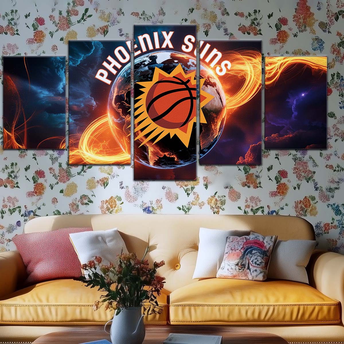 Basketball Wall Art - BK5054 - Phoenix Suns - Fiery Basketball Globe Spotlight - Basketball Poster - Basketball Canvas